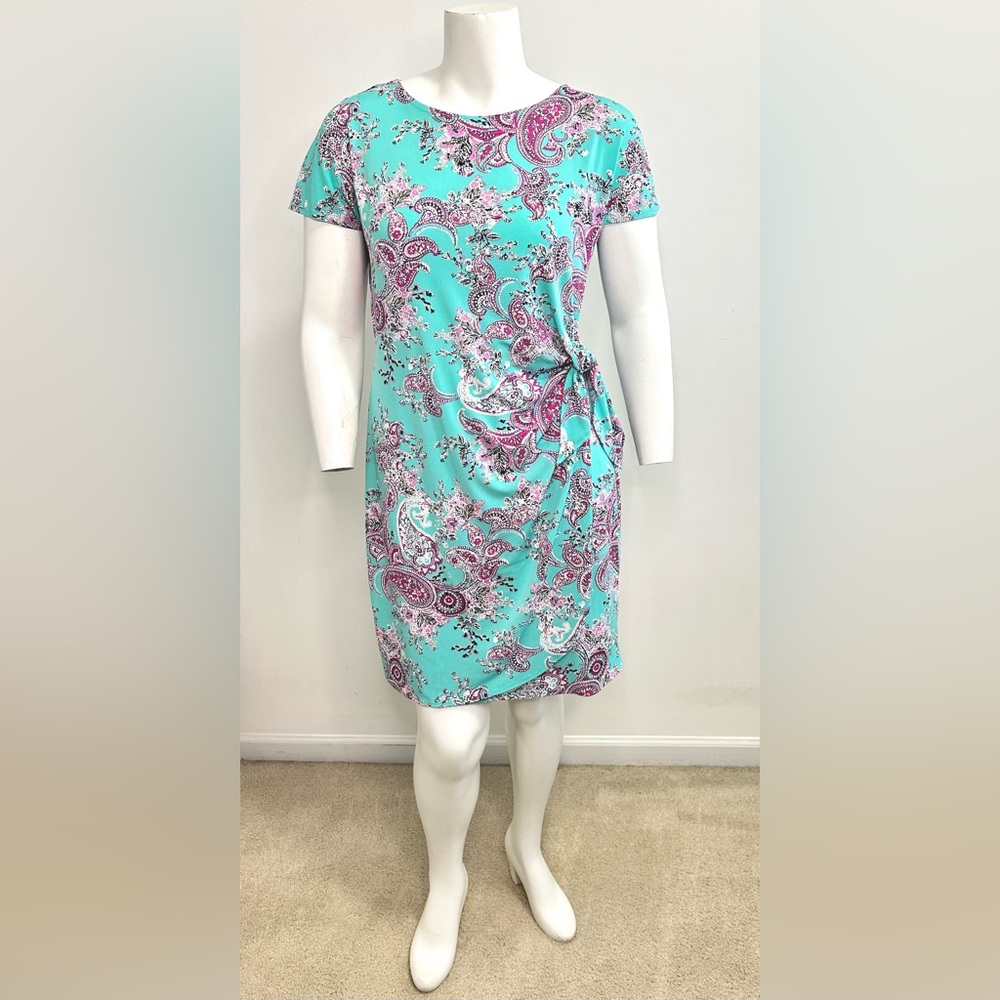 Signature by Robbie Bee Paisley Short Sleeve Faux Wrap Dress W/ Tie Waist Size L - Picture 2 of 7